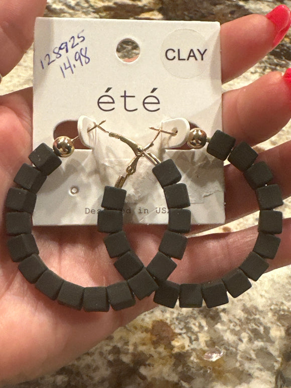 Black Square Clay Bead Hoop Earring