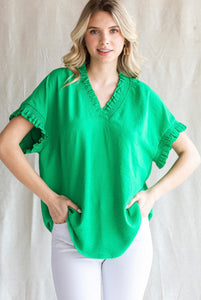Green V-Neck Ruffle Top