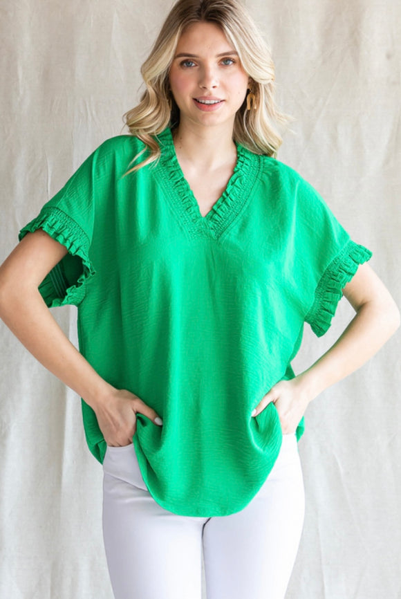 Green V-Neck Ruffle Top
