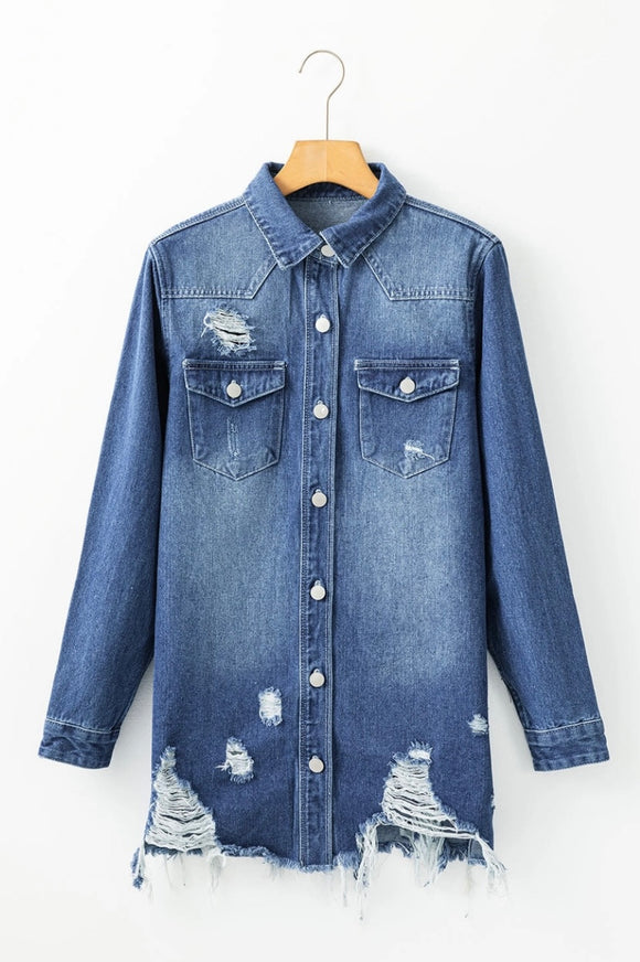 DISTRESSED LONG DENIM SHIRT