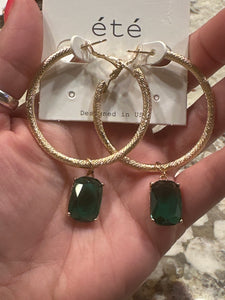 Textured Gold Tone Hoop & Green Glass Dangle