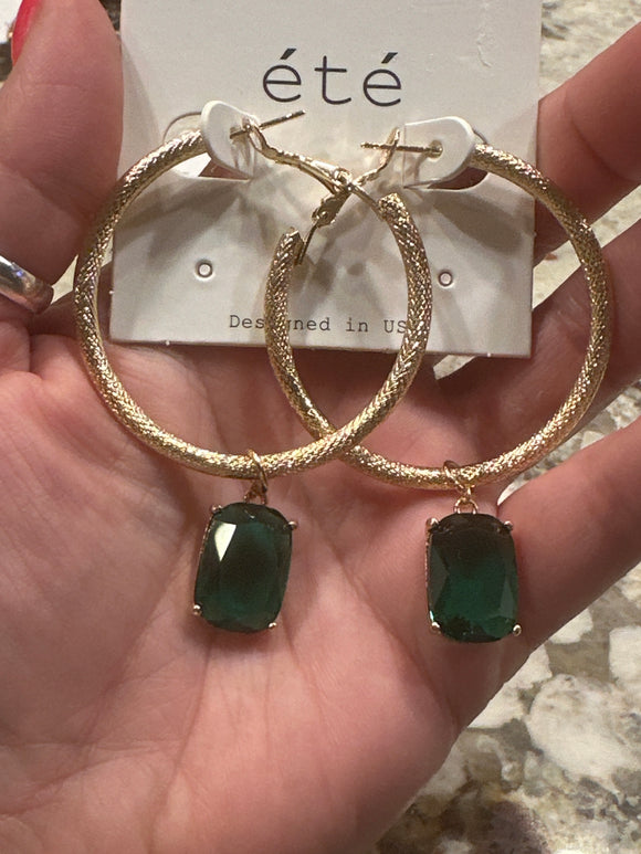 Textured Gold Tone Hoop & Green Glass Dangle