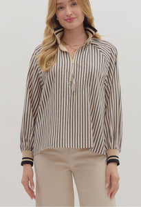 Black Tan Stripe Banded Cuff Top