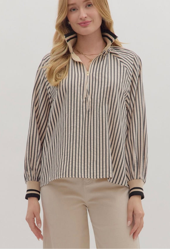 Black Tan Stripe Banded Cuff Top