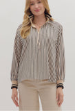 Black Tan Stripe Banded Cuff Top