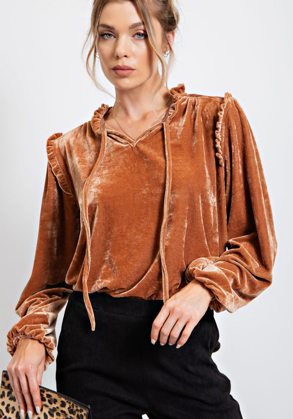 Velvet ruffle tie top