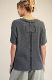 Washed Waffle Knit Top/Black