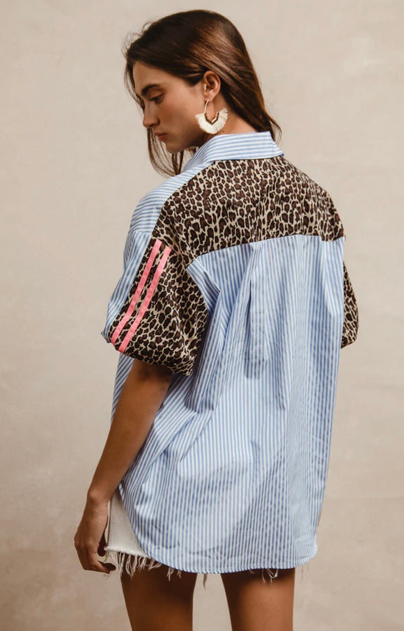 Stripe & Leopard Button Down Top