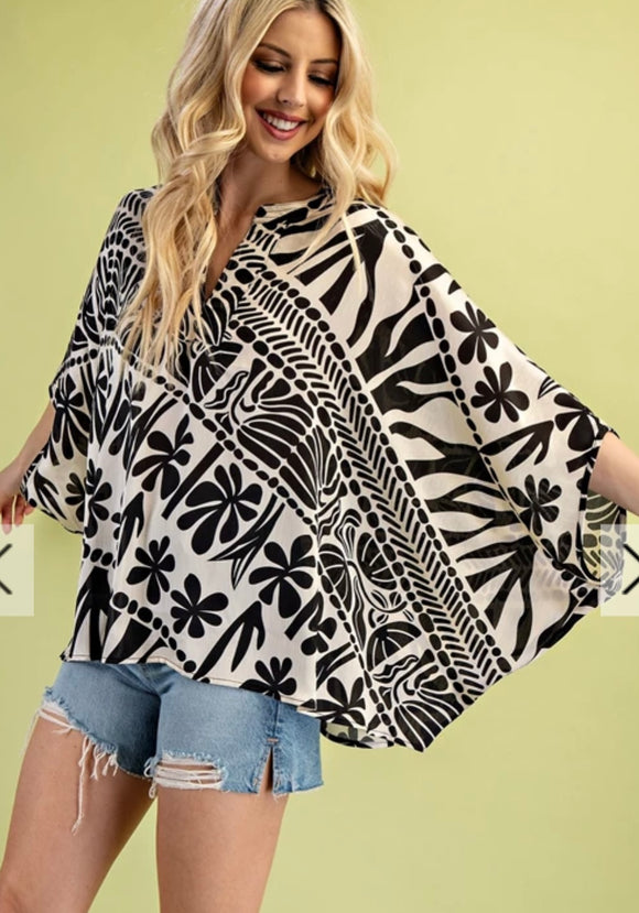 Printed Silky V-Neck Dolman Top