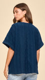 Textured Cuff Sleeve Top/ Navy