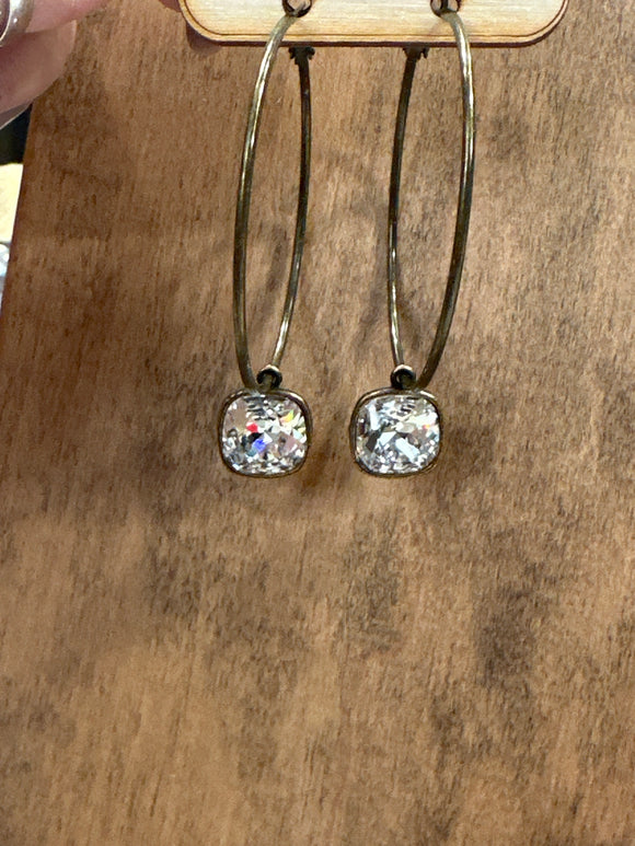 Clear Square Austrian Crystal Dangle Hoop Earrings