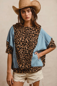 Denim & Leopard Print Top