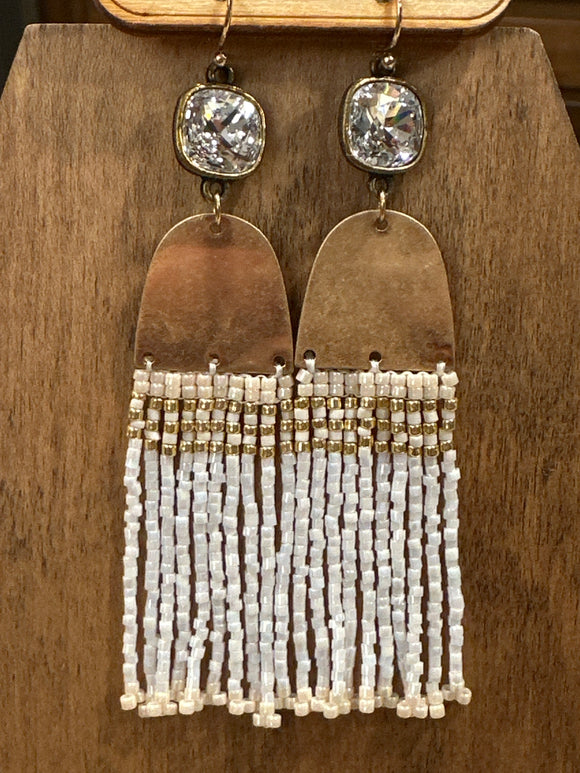 White Fringe Seed Bead Austrian Crystal Earring
