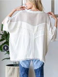 Mixed Fabric V Neck Top/ Ivory
