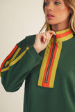 Quarter Zip Stripe Sleeve Top/ Green