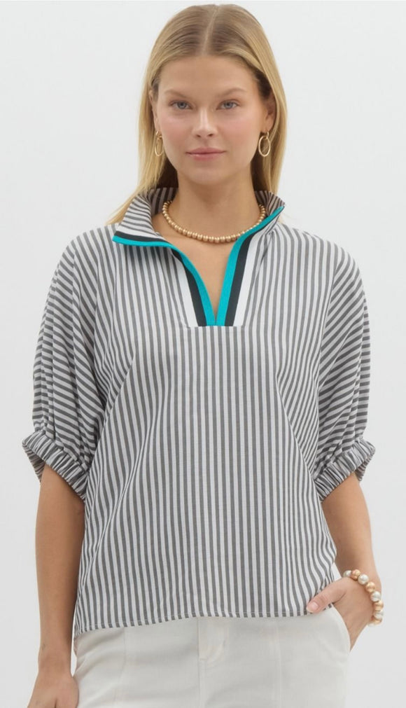 Turquoise collared stripe shirt