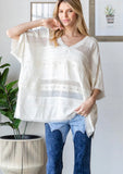 Mixed Fabric V Neck Top/ Ivory