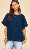 Textured Cuff Sleeve Top/ Navy