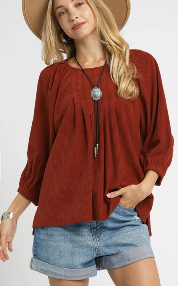 Rust Corduroy Pleated Top
