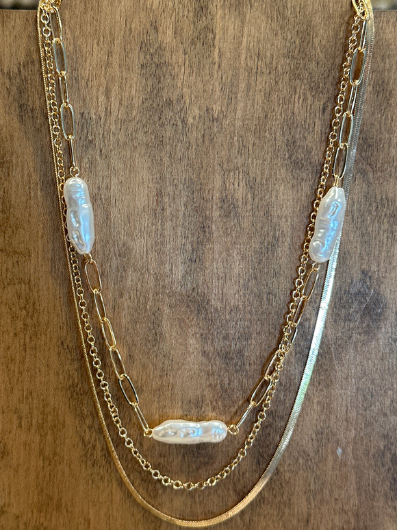 Gold Multi Chain Oval Pearl Necklace