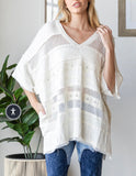 Mixed Fabric V Neck Top/ Ivory