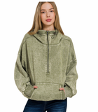 Acid-Washed Fleece 1/2 Zip Hoodie/ Lt Olive