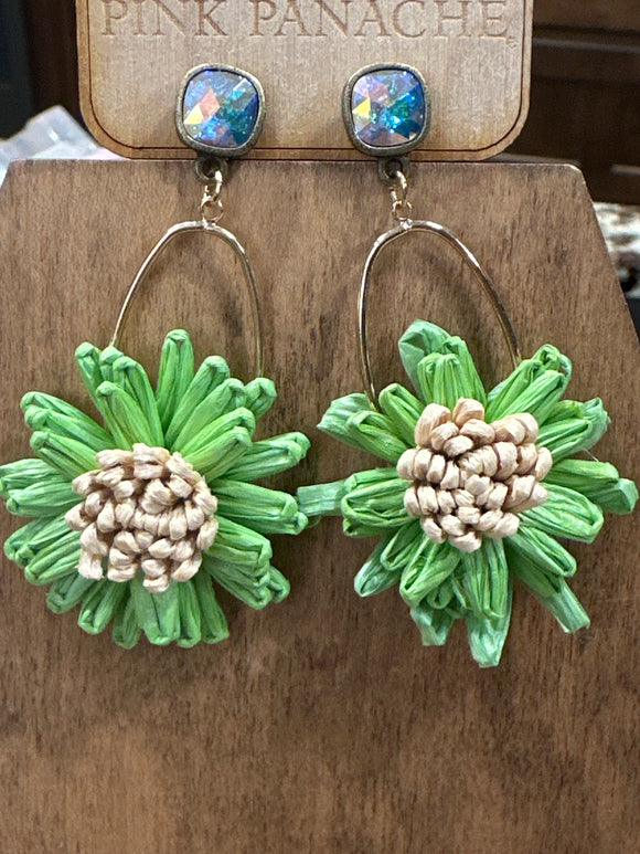 Green Raffia Flower Earring Austrian Crystal