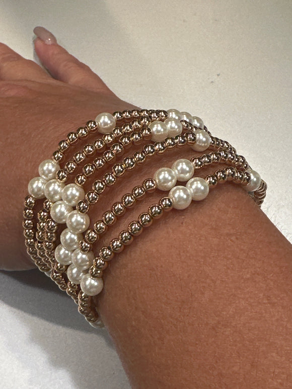 Water Resistant Pearl & Gold Ball Stretch Bracelet