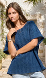 Textured Cuff Sleeve Top/ Navy