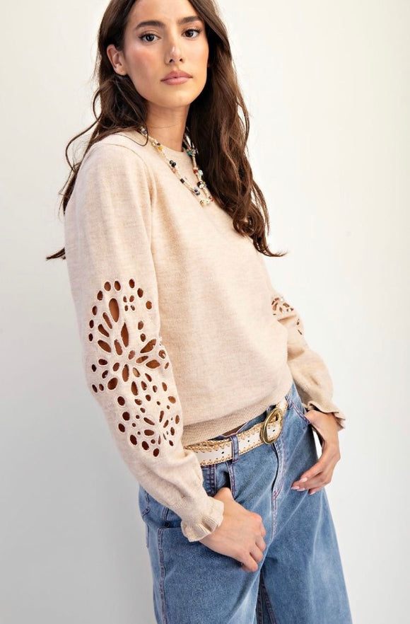Cut Work Sleeve Sweater Oatmeal