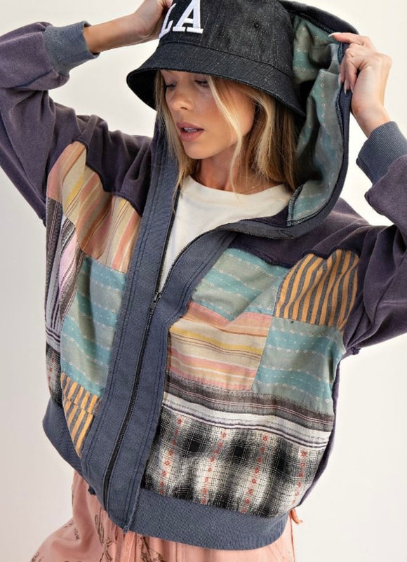 Patchwork Zip Up Hoodie Blueberry