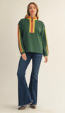 Quarter Zip Stripe Sleeve Top/ Green