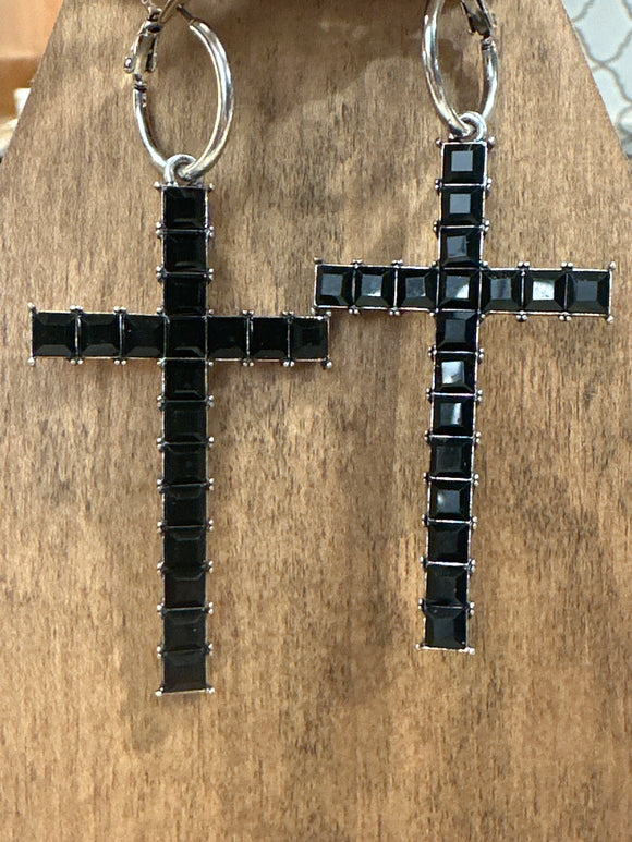 Black Austrian Square Crystal Cross Hoop Earring