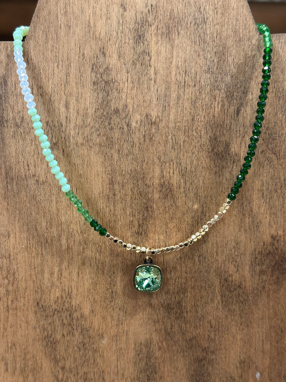Green Ombré Beaded Necklace with Austrian Crystal