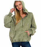 Acid-Washed Fleece 1/2 Zip Hoodie/ Lt Olive