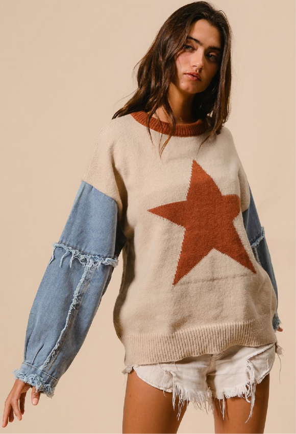 Rust Star Denim Sleeve Sweater