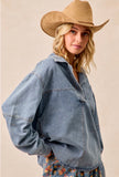 Washed Denim V-Neck Collared Top
