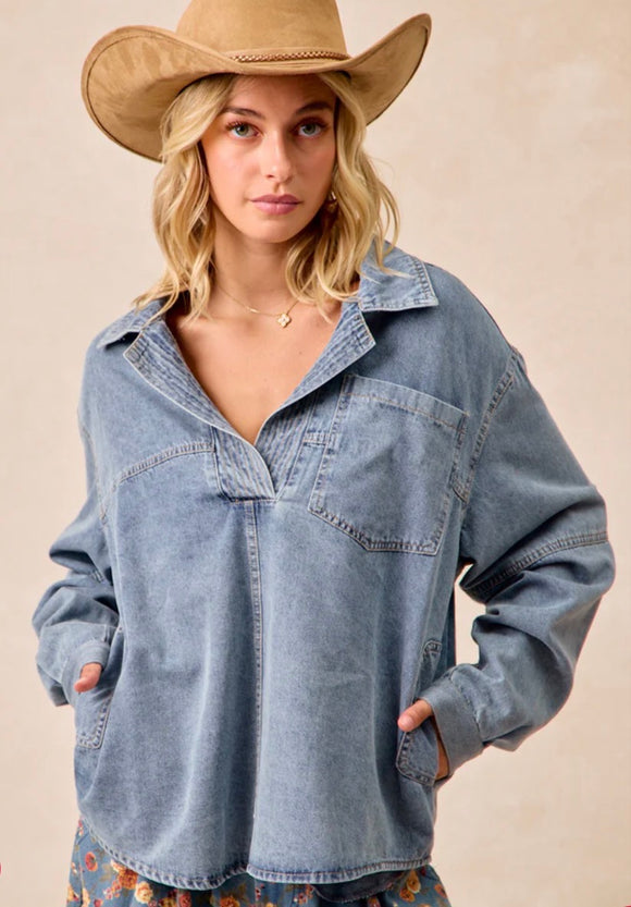 Washed Denim V-Neck Collared Top