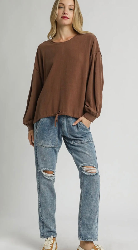 Mocha Linen Blend Long Sleeve Drawstring Top