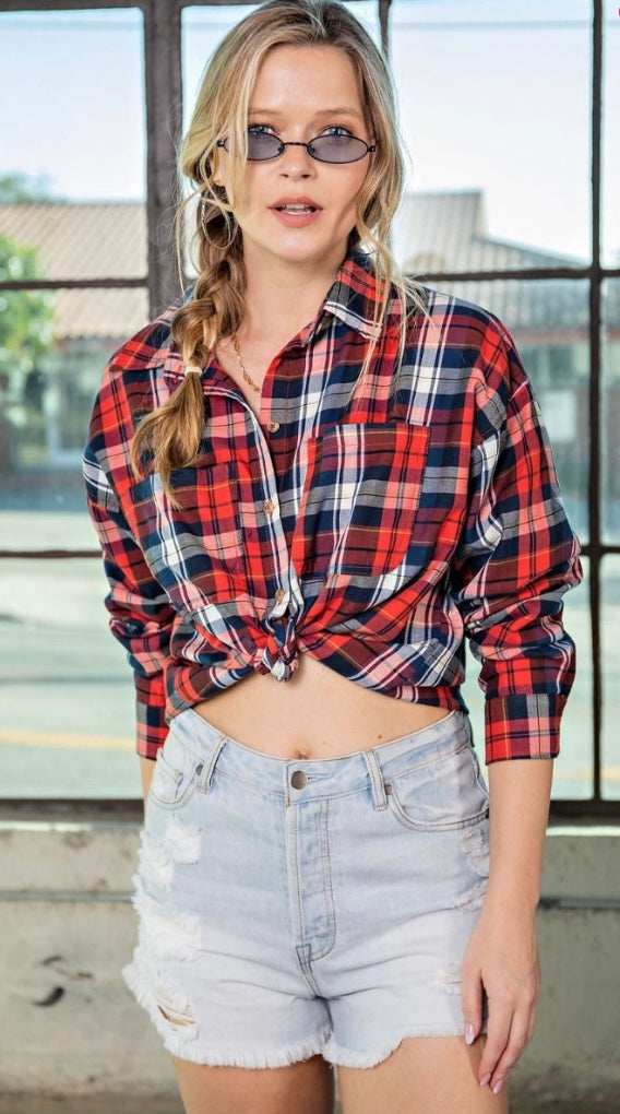 Plaid button crop