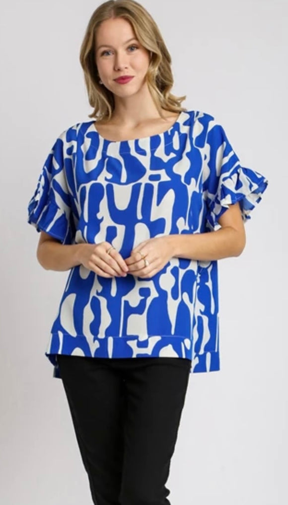 Sapphire print ruffle sleeve top