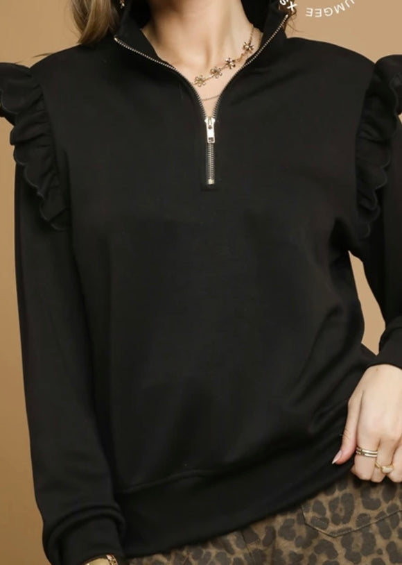 Ruffle Shoulder Quarter-Zip Pullover
