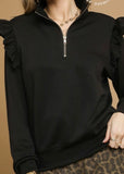Ruffle Shoulder Quarter-Zip Pullover