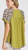 Avocado & Leopard Raw Hem Top