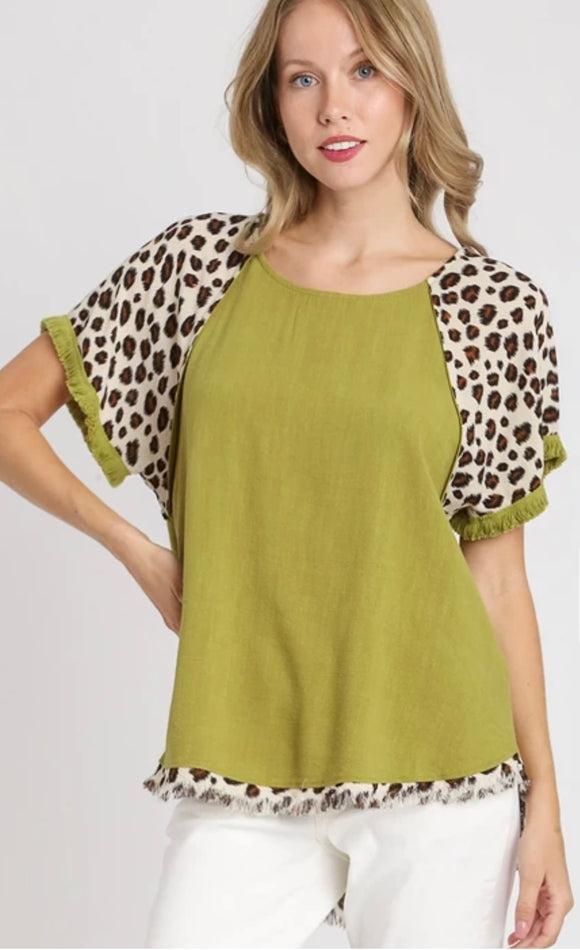 Avocado & Leopard Raw Hem Top