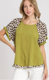 Avocado & Leopard Raw Hem Top