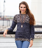 Leopard & gray color block long sleeve shirt
