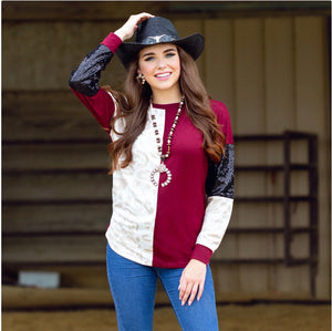 Rust leopard sequin color block shirt