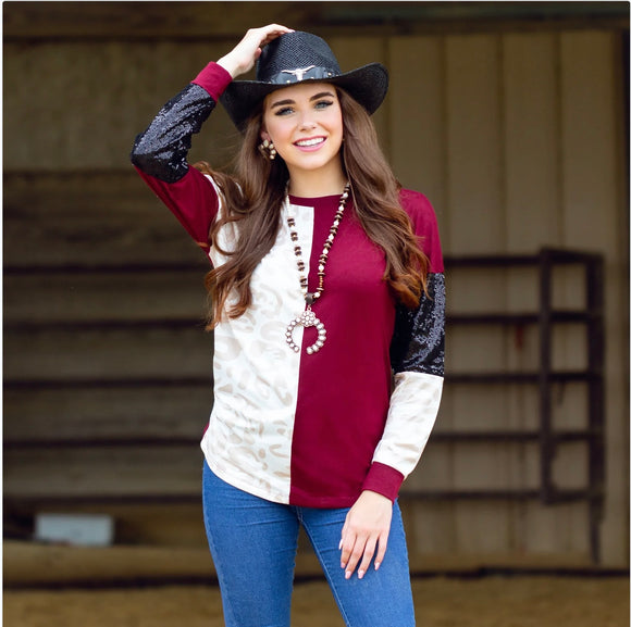 Rust leopard sequin color block shirt