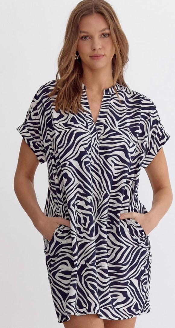 Navy print dress with pockets